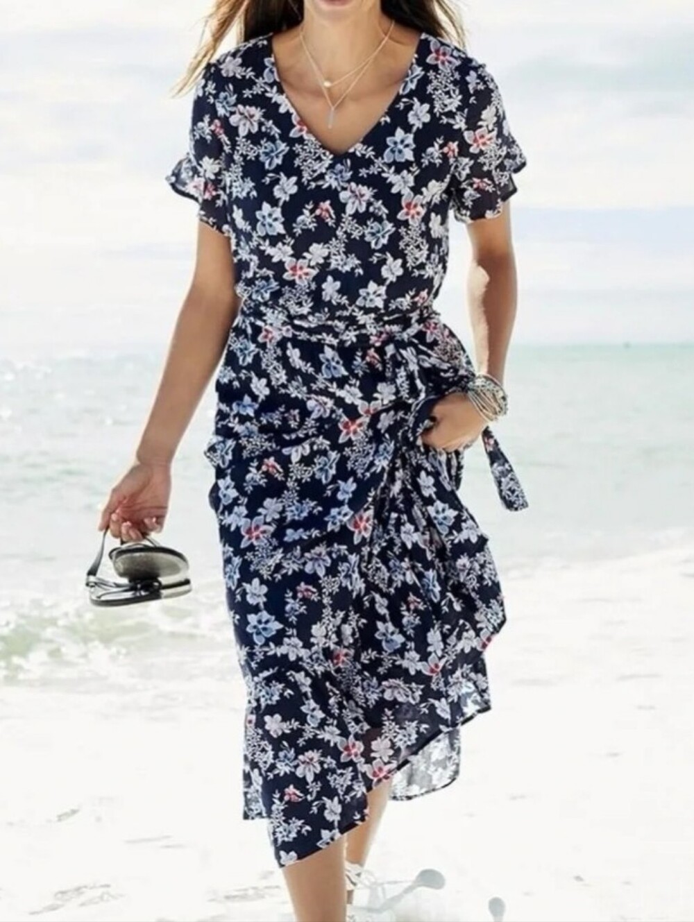 J. Jill Navy Floral V-Neck Belted Midi Dress -S